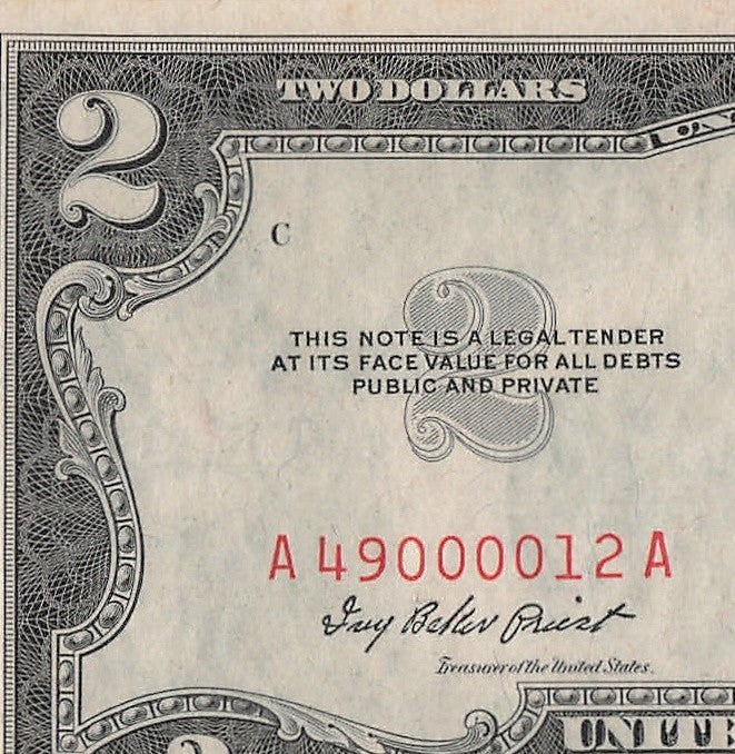 Four in a Row 0s Fancy Serial Number Two Dollar Red Seal 1953A $2 POS 3