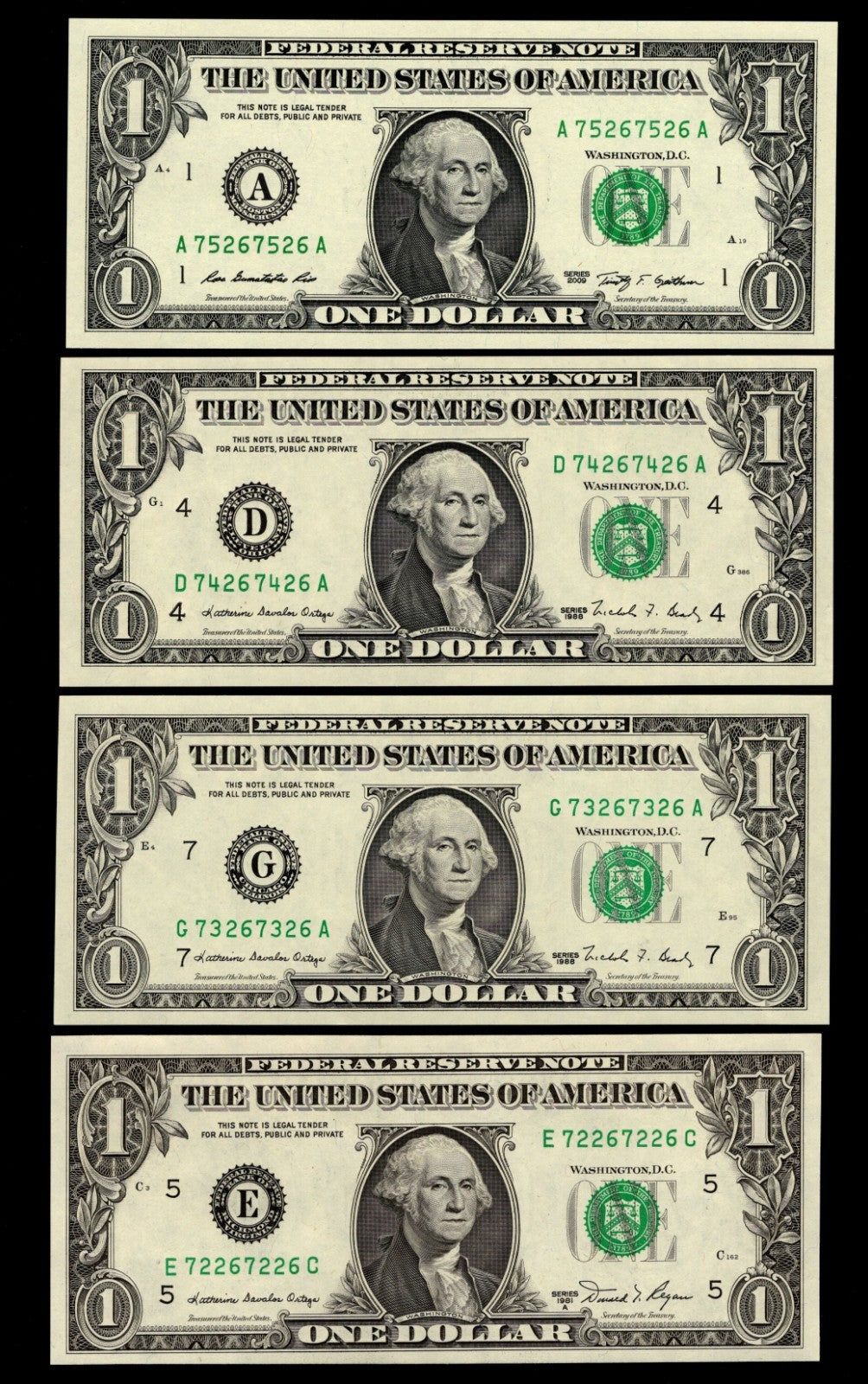 Repeater Serial Number Set One Dollar Bills 2009 $1 AA Block 4 Note UNC
