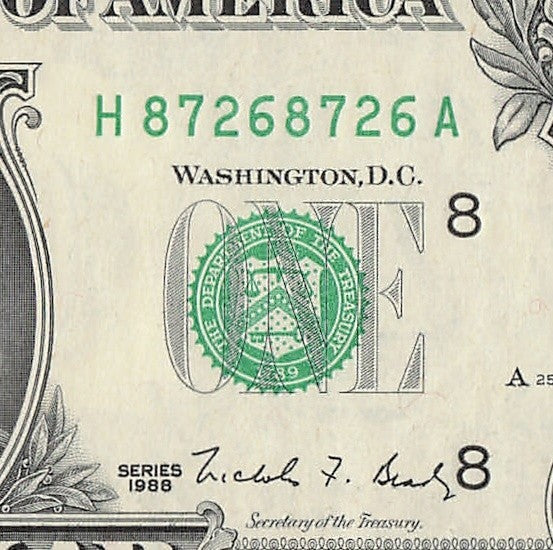 Repeater Fancy Serial Number One Dollar Bill 8s 2s 7s 6s 1988 HA Block