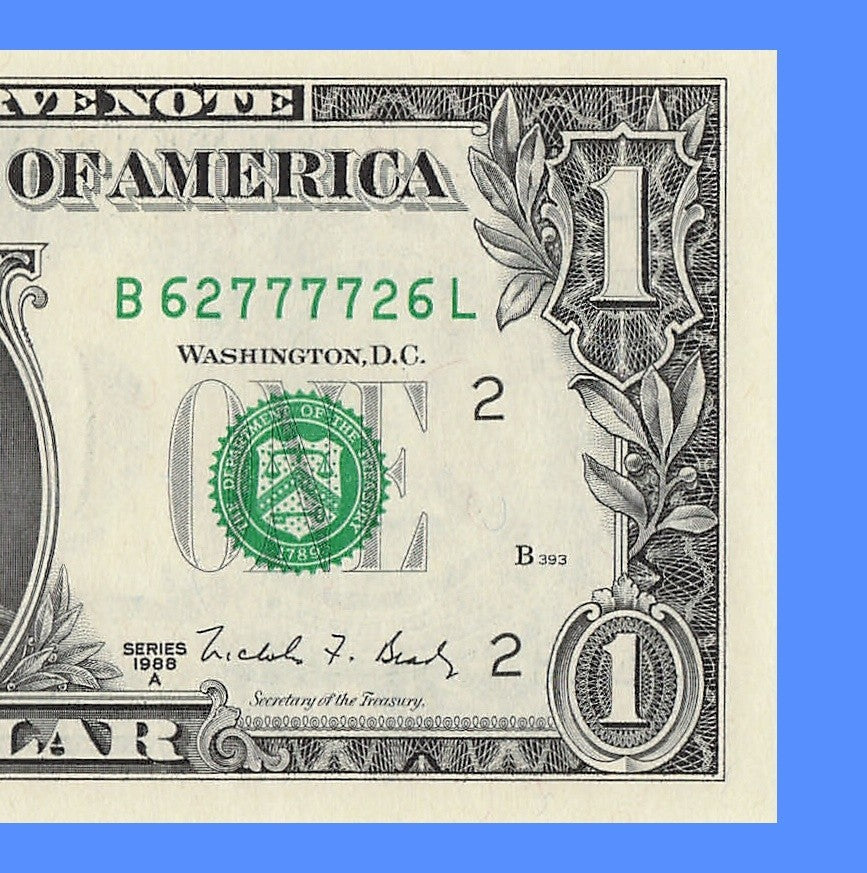 Radar Fancy Serial Number One Dollar Bill 2s 6s 7s 1988A BL Block Trinary