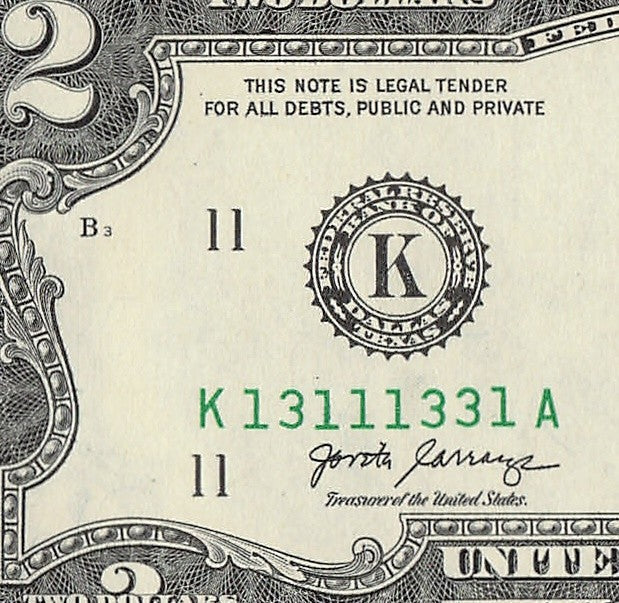Binary Two Dollar Bill Fancy Serial Number 2017A $2 Dallas Binary 3s 1s