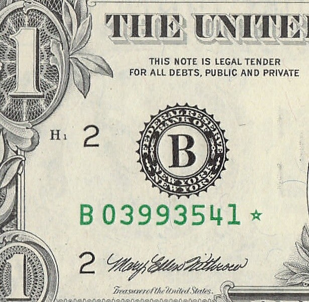 Star Note One Dollar Bill 1993 $1 B* Block New York Run 2 640K Run UNC