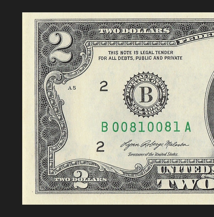2021 $2 Two Dollar Bill Repeater Fancy Serial Number Janet Yellen 0s 8s 1s