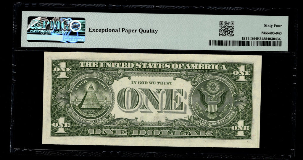 Low Serial Number 43 Fancy Serial Number One Dollar Bill PMG D00000043B