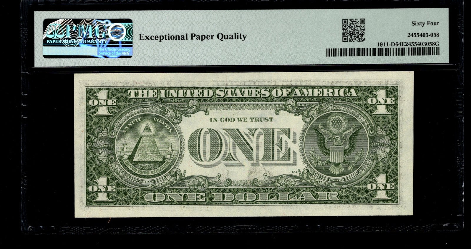 Low Serial Number 58 Fancy Serial Number One Dollar Bill PMG D00000058B