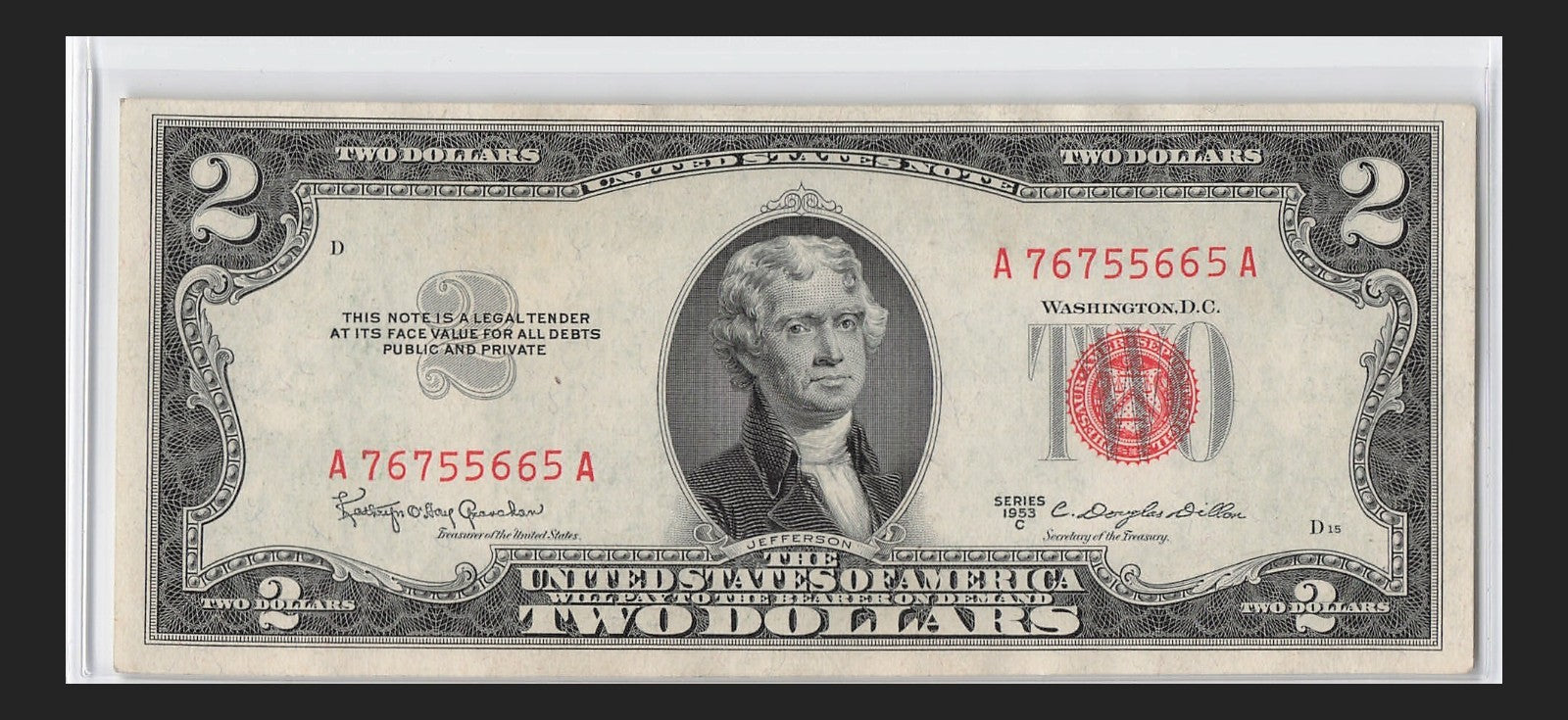 Trinary Fancy Serial Number Two Dollar Red Seal 1953 C Sequential 5s 6s 7s