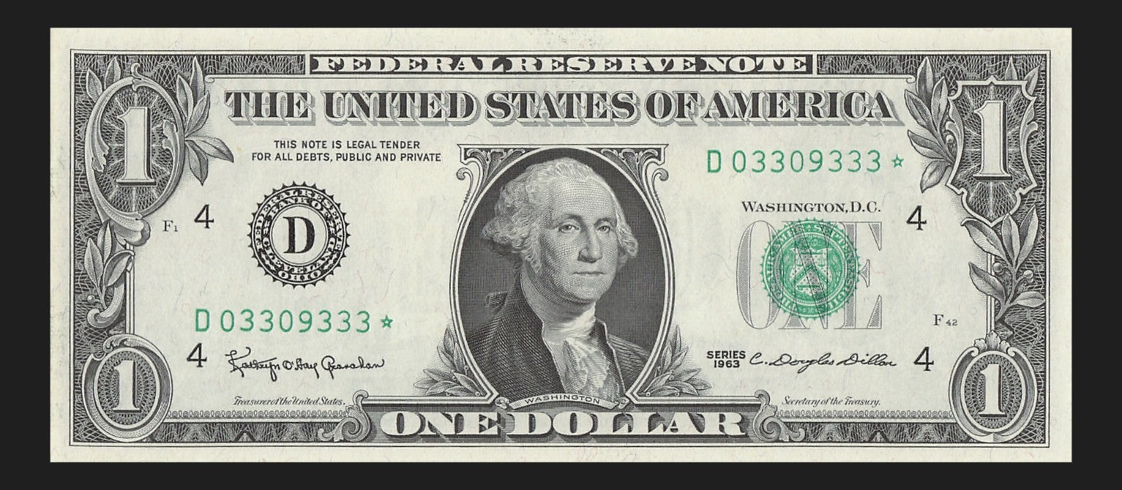 Star Note One Dollar Bill 1963 $1 D* Block Cleveland Run 1 Low Serial Trinary
