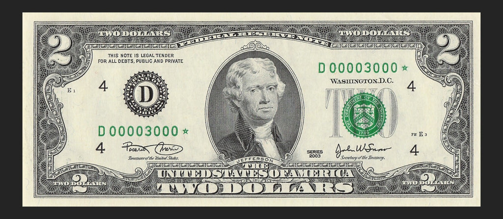 Binary Low Serial Number Star Note Two Dollar Bill D00003000* 3s 0s Cleveland