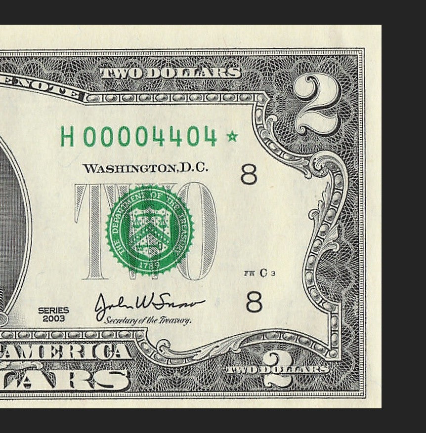 Binary Low Serial Number Star Note Two Dollar Bill H00004404* 4s 0s St Louis