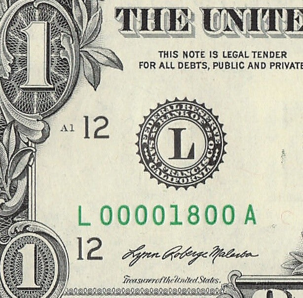 Low Serial Number One Dollar Bill 18 2021 LA Block $1