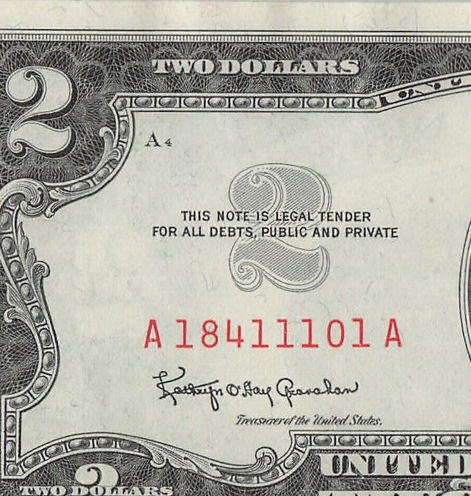 Five of a Kind 1s Fancy Serial Number Two Dollar Red Seal $2 1963A