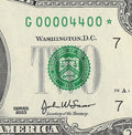 Binary Low Serial Number Star Note Two Dollar Bill G00004400* 4s 0s Chicago