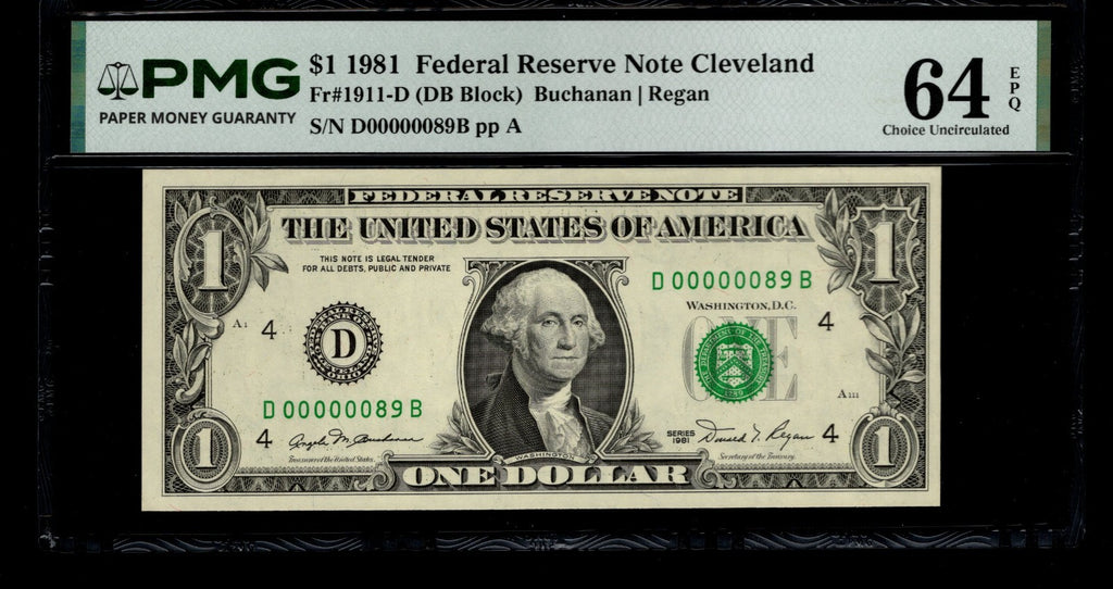 Low Serial Number 89 Fancy Serial Number One Dollar Bill PMG D00000089B