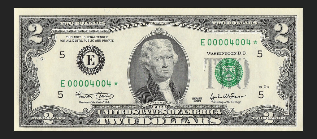Binary Low Serial Number Star Note Two Dollar Bill E00004004* 4s 0s Richmond