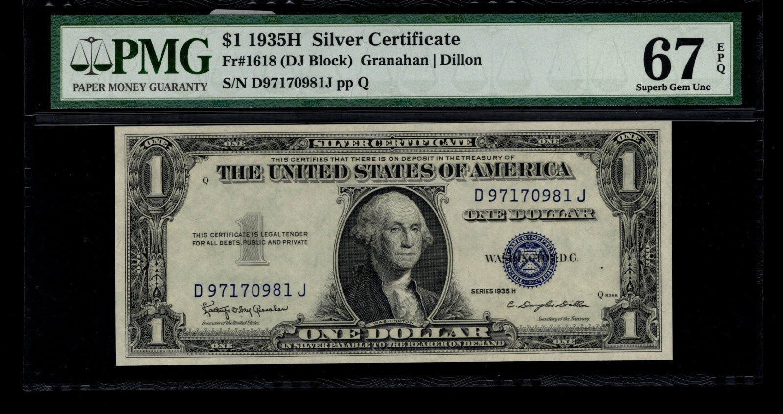 One Dollar Silver Certificate FR 1618 PMG 67 1935H $1 Motto Note
