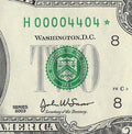 Binary Low Serial Number Star Note Two Dollar Bill H00004404* 4s 0s St Louis
