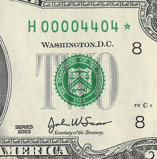 Binary Low Serial Number Star Note Two Dollar Bill H00004404* 4s 0s St Louis