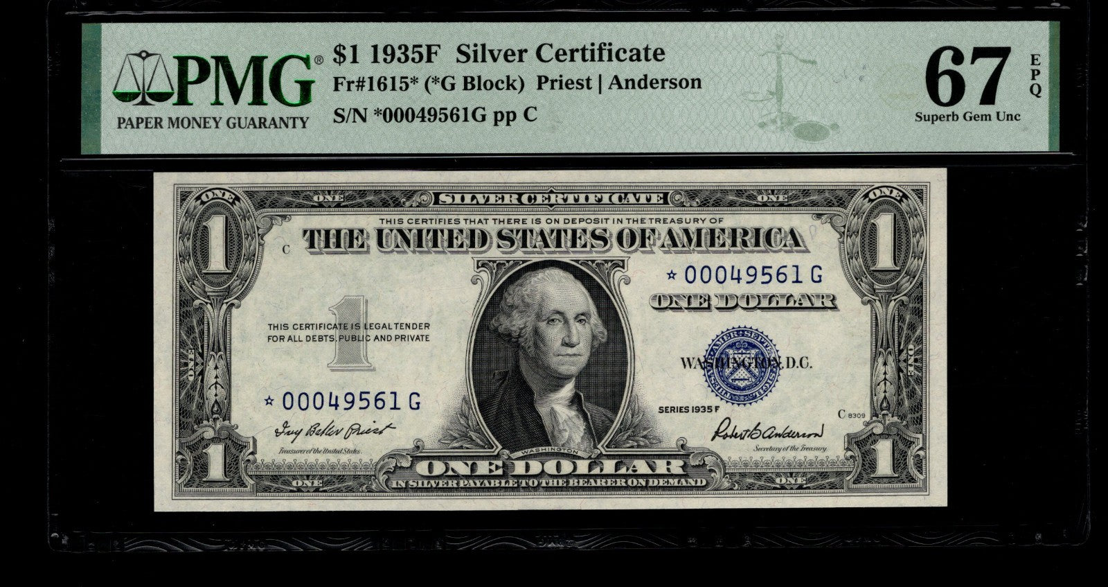 One Dollar Silver Certificate Star Note FR 1615* PMG 67 1935F $1 Low Serial