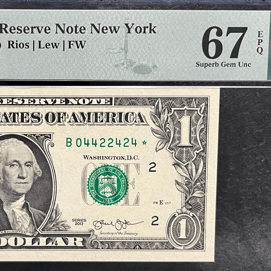 2013 B Duplicate Star Note Error One Dollar Bill B04422424* 67EPQ FW Trinary