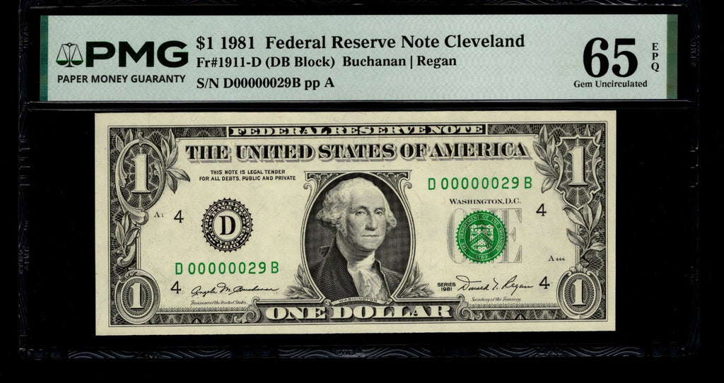 Low Serial Number 29 Fancy Serial Number One Dollar Bill PMG D00000029B