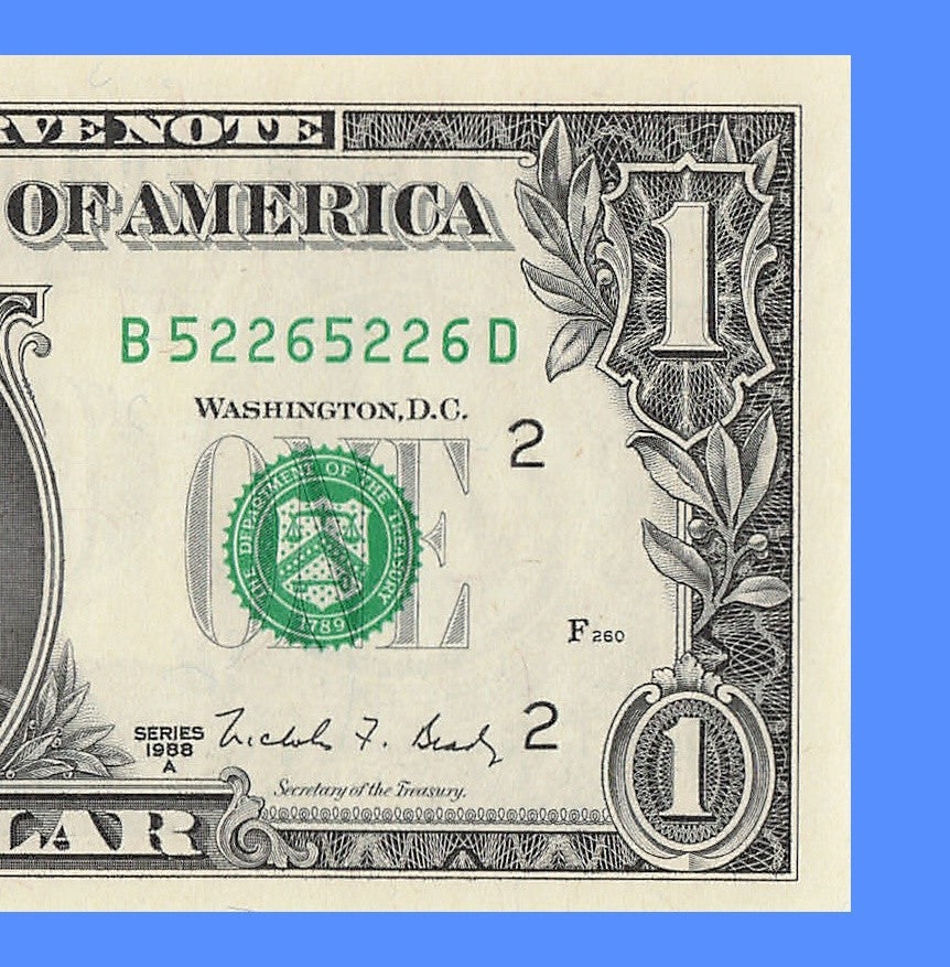 Repeater Fancy Serial Number One Dollar Bill 2s 5s 6s 1988A BD Block Trinary