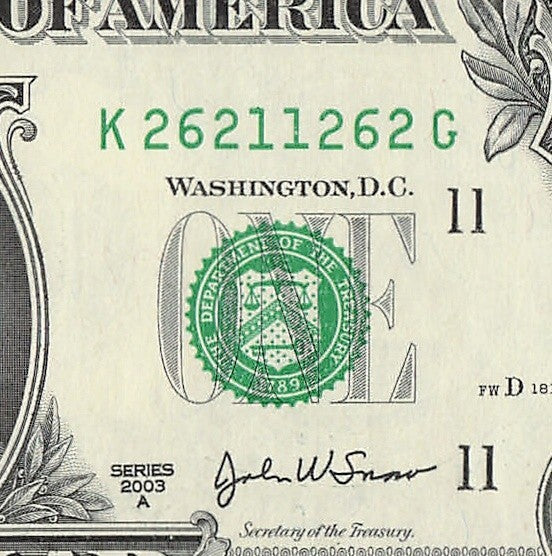 Radar Fancy Serial Number One Dollar Bill 1s 2s 6s 2003A KG Block