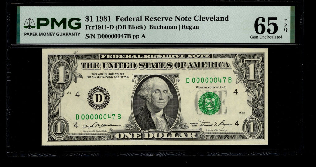 Low Serial Number 47 Fancy Serial Number One Dollar Bill PMG D00000047B