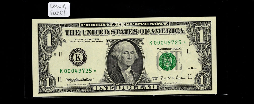 Low Serial Number Star Note One Dollar Bill 1995 K* Block  Dallas