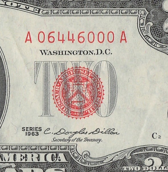 Trinary Fancy Serial Number Two Dollar Red Seal 1963 0s 4s 6s