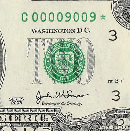 Binary Low Serial Number Star Note Two Dollar Bill C00009009* 9s 0s Philadelphia