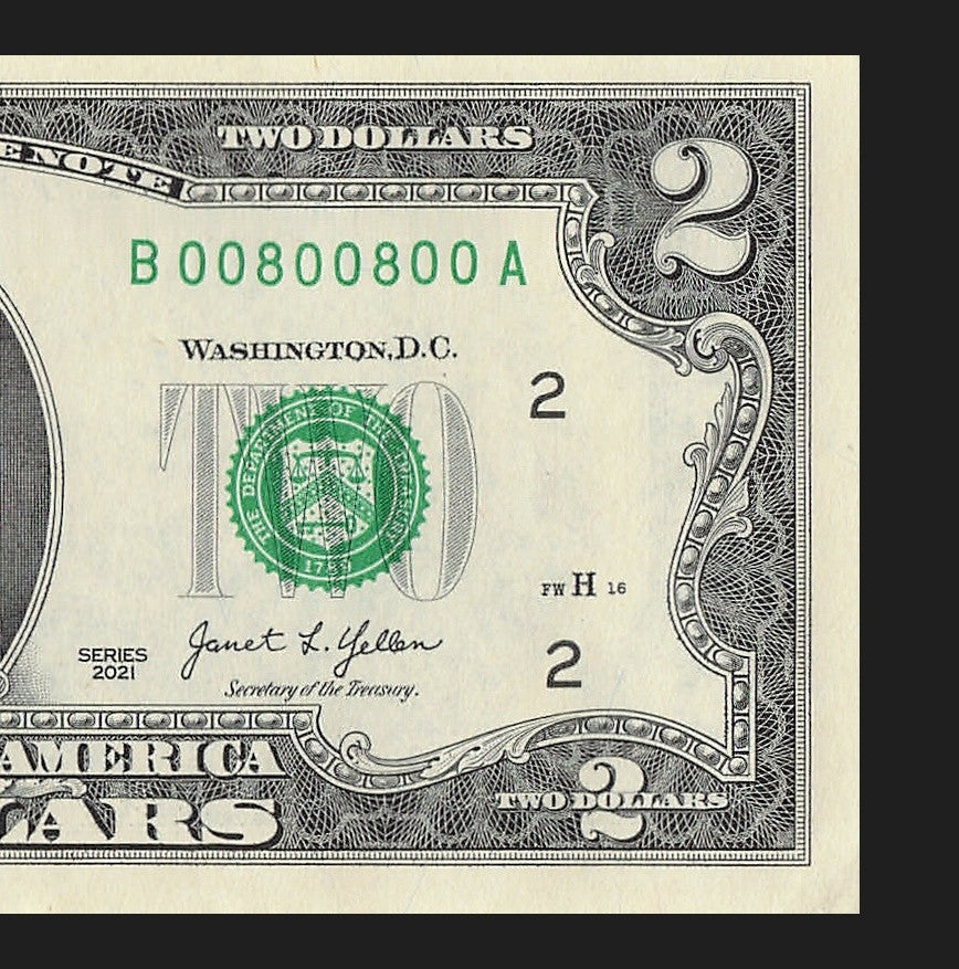 2021 $2 Two Dollar Bill Binary Radar Fancy Serial Number 0s 8s Janet Yellen