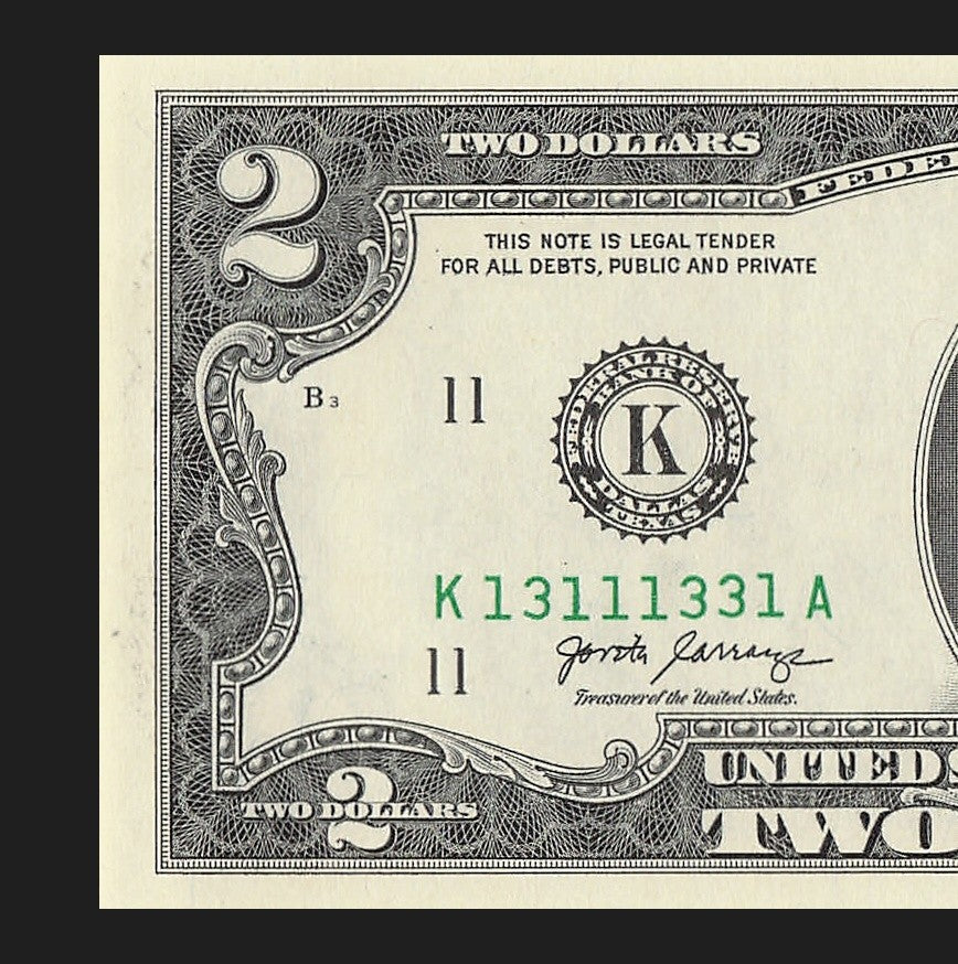 Binary Two Dollar Bill Fancy Serial Number 2017A $2 Dallas Binary 3s 1s