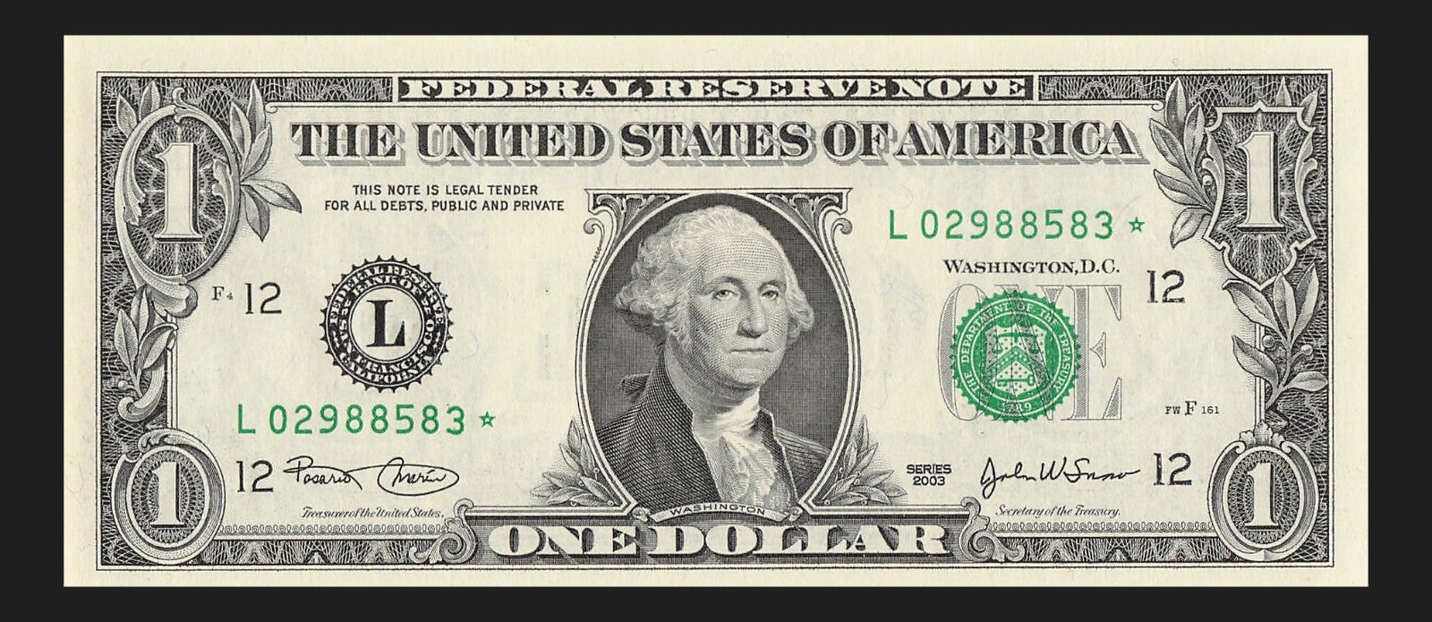 Star Note One Dollar Bill 2003 $1 L* Block San Francisco Run 1 3.2 Million Pack