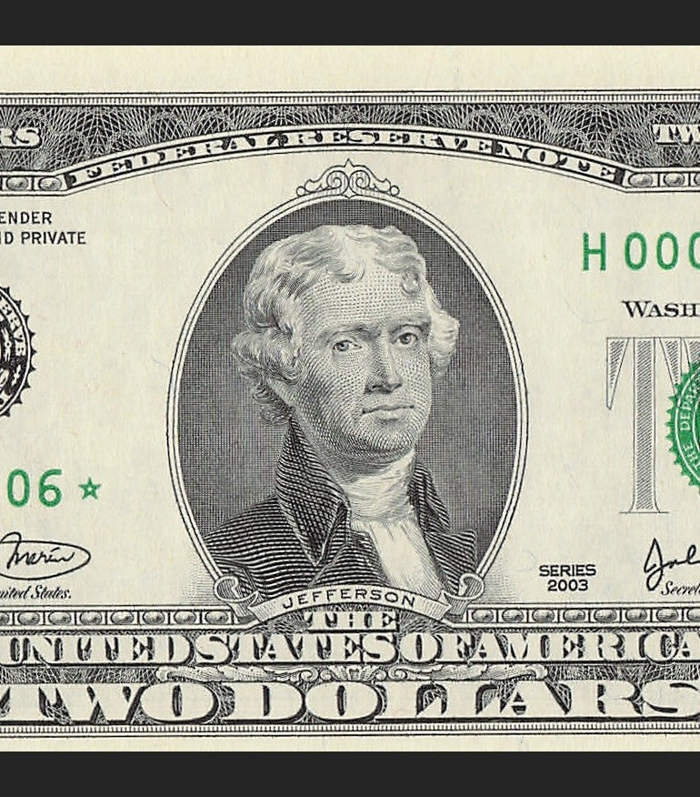 Binary Low Serial Number Star Note Two Dollar Bill H00006006* 6s 0s St Louis