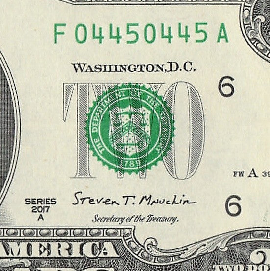 Repeater Two Dollar Bill Fancy Serial Number 2017A $2 Trinary 0s 4s 5s