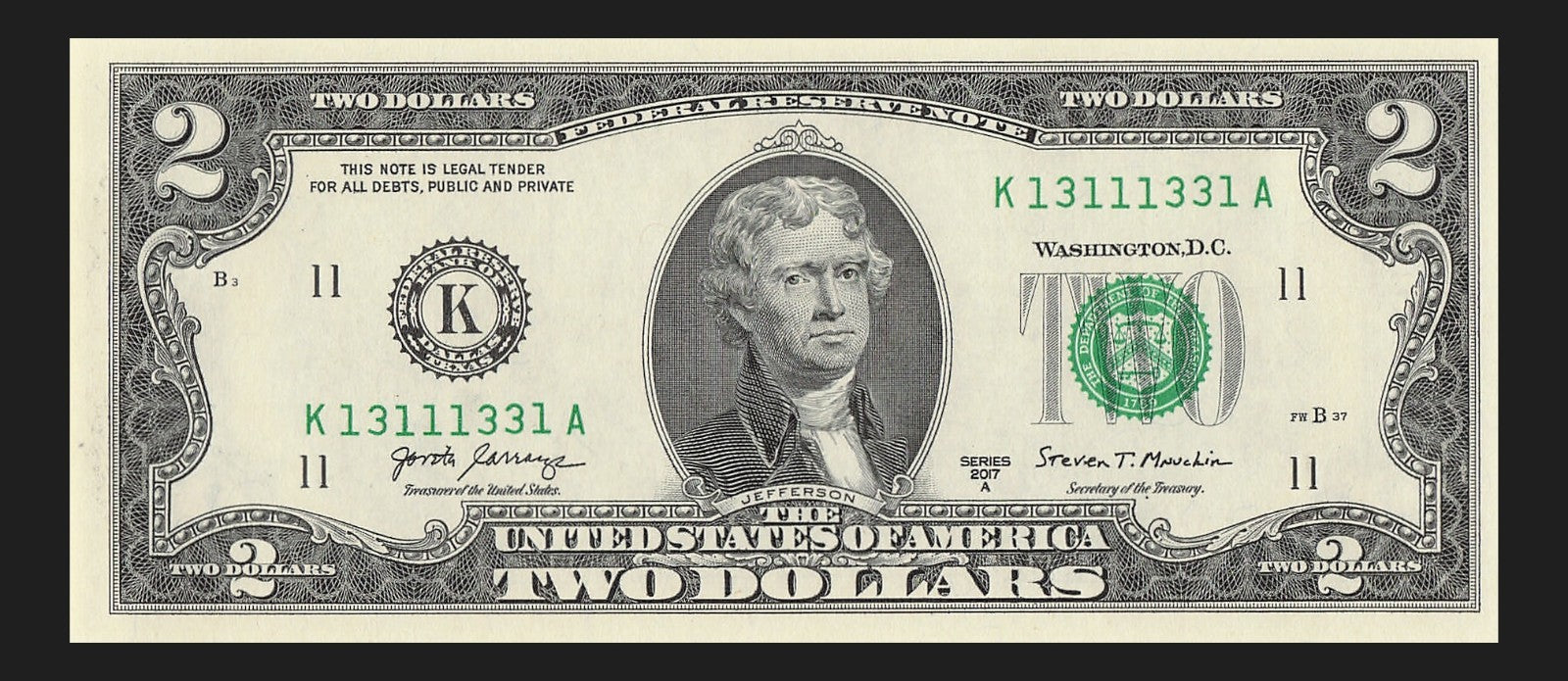 Binary Two Dollar Bill Fancy Serial Number 2017A $2 Dallas Binary 3s 1s