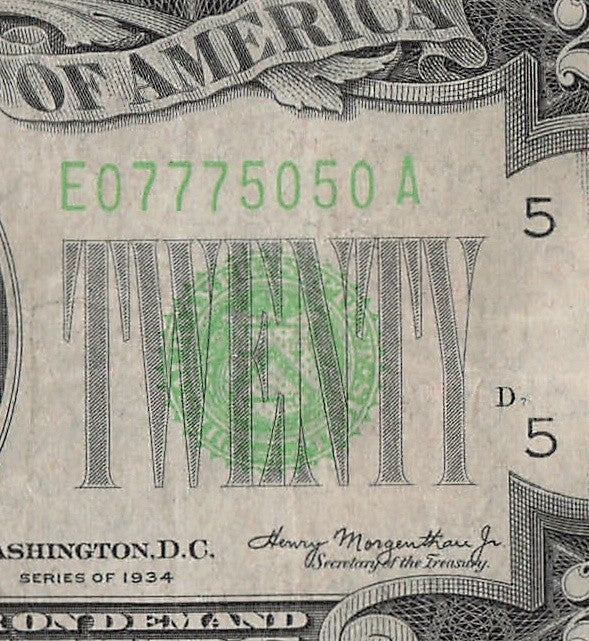 Trinary Fancy Serial Number Twenty Dollar Federal Reserve Note 0s 5s 7s