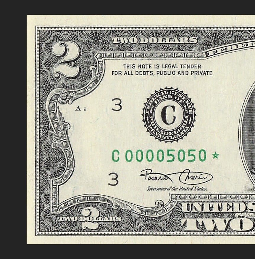 Binary Low Serial Number Star Note Two Dollar Bill C00005050* 5s 0s Philadelphia