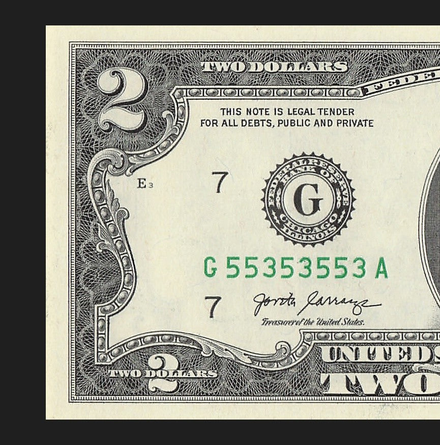 Binary Two Dollar Bill Fancy Serial Number 2017A $2 Binary 3s 5s
