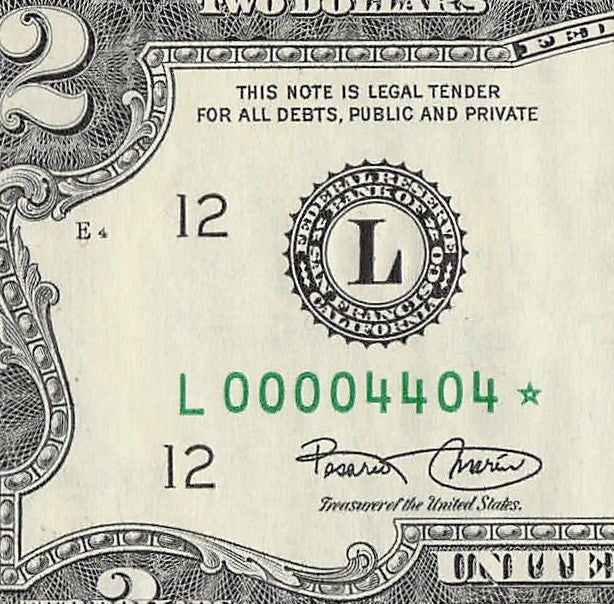 Binary Low Serial Number Star Note Two Dollar Bill L00004404* 4s 0s
