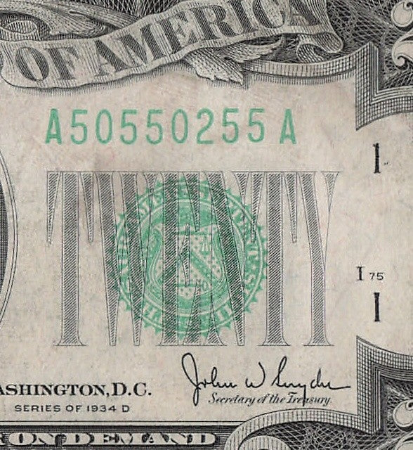 Trinary Fancy Serial Number Twenty Dollar Federal Reserve Note 0s 2s 5s