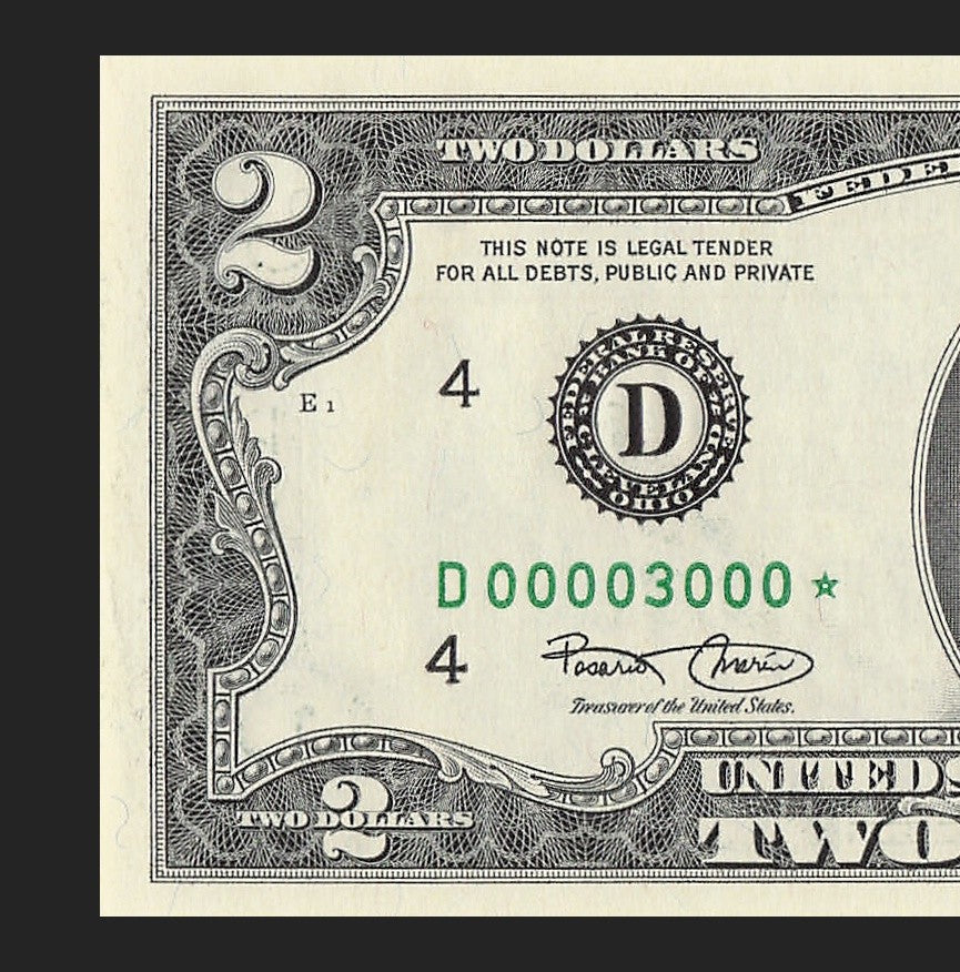 Binary Low Serial Number Star Note Two Dollar Bill D00003000* 3s 0s Cleveland