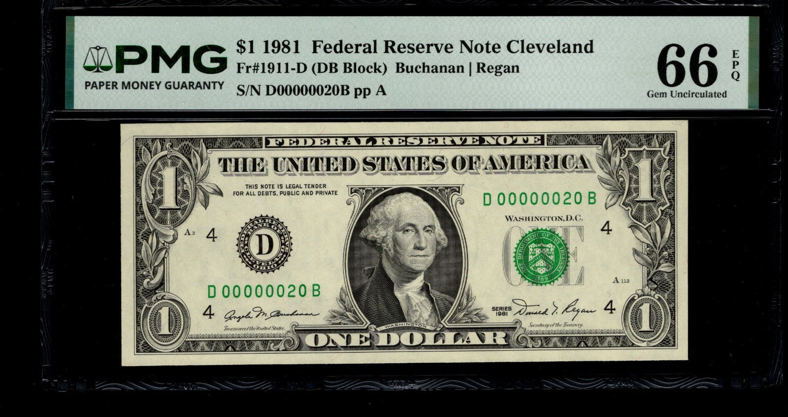 Low Serial Number 20 Fancy Serial Number One Dollar Bill PMG D00000020B