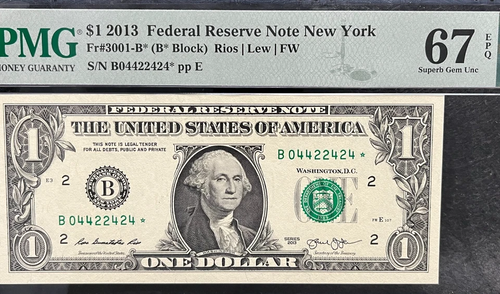 2013 B Duplicate Star Note Error One Dollar Bill B04422424* 67EPQ FW Trinary