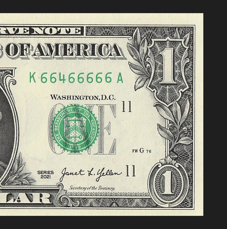 Seven of a Kind 6s One Dollar Bill Fancy Serial Number 2021 $1 KA Block