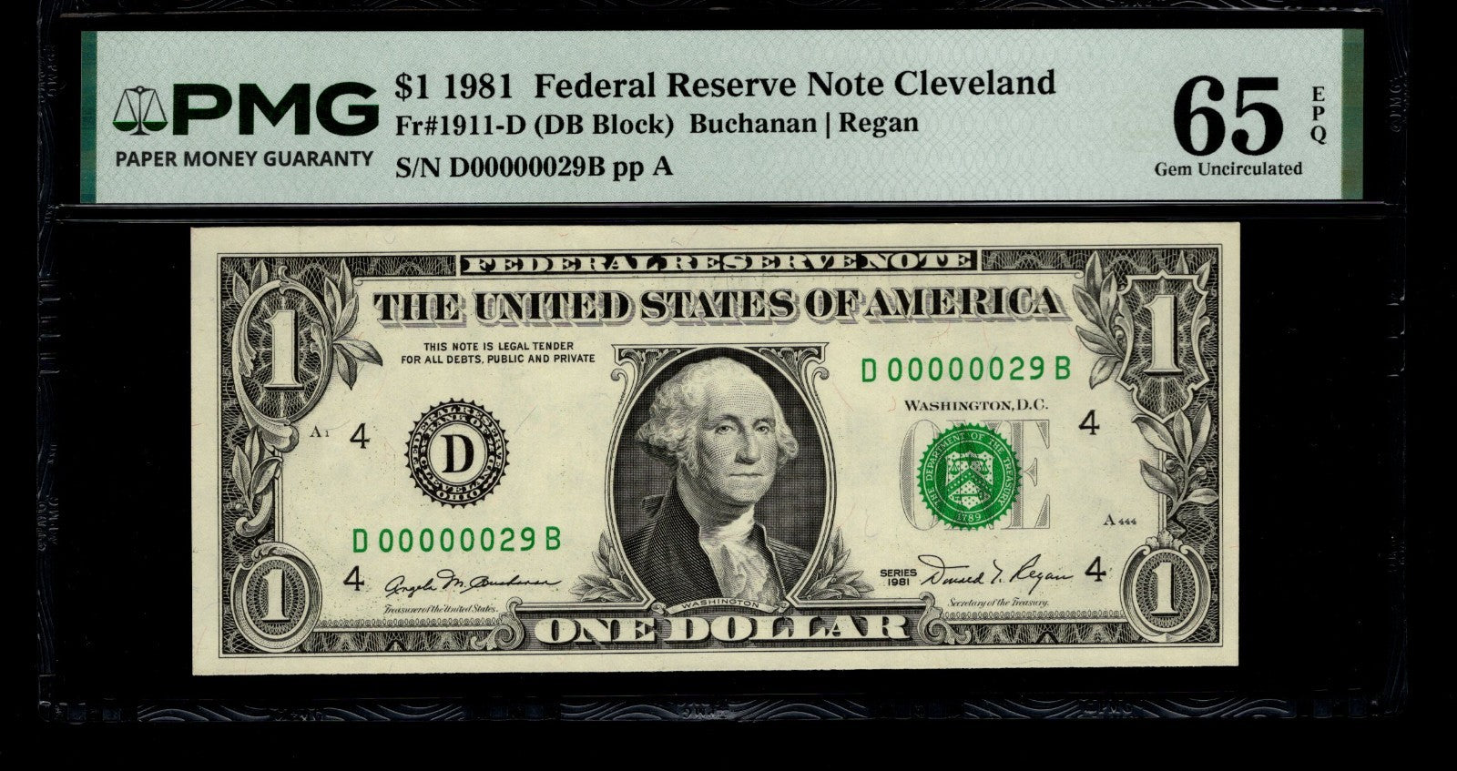 Low Serial Number 29 Fancy Serial Number One Dollar Bill PMG D00000029B