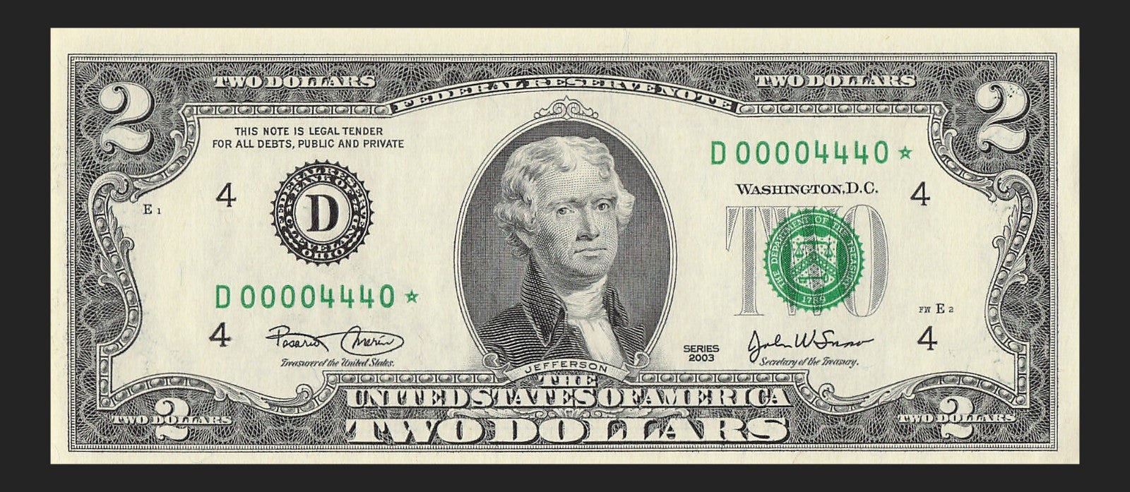 Binary Low Serial Number Star Note Two Dollar Bill D00004440* 4s 0s Cleveland