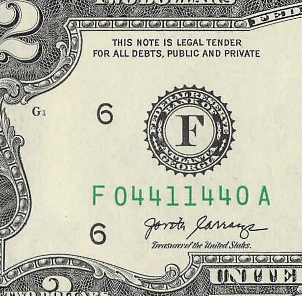 Radar Two Dollar Bill Fancy Serial Number 2017A $2 Palindrome Trinary 0s 1s 4s