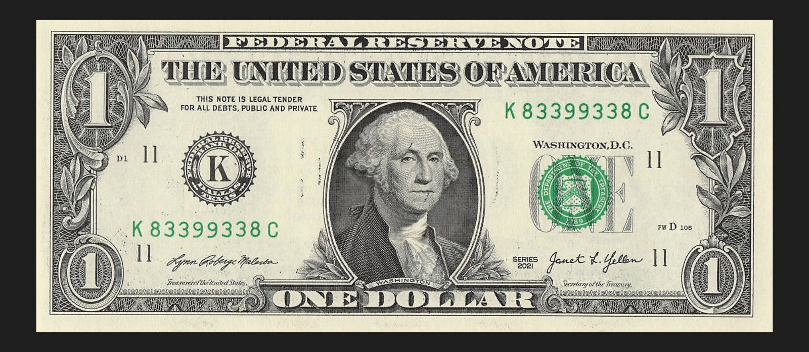 Radar Fancy Serial Number One Dollar Bill 2021 $1 KC Palindrome 3s 8s 9s