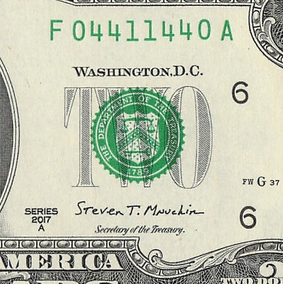 Radar Two Dollar Bill Fancy Serial Number 2017A $2 Palindrome Trinary 0s 1s 4s